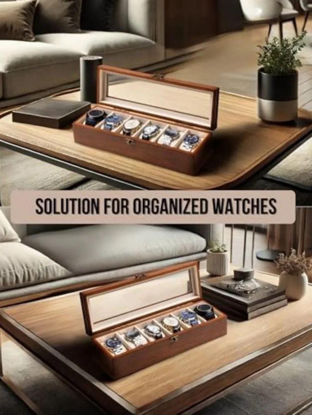 Stylish Wooden Watch Box Organizer with Glass Lid - 6-Slot Storage for Men